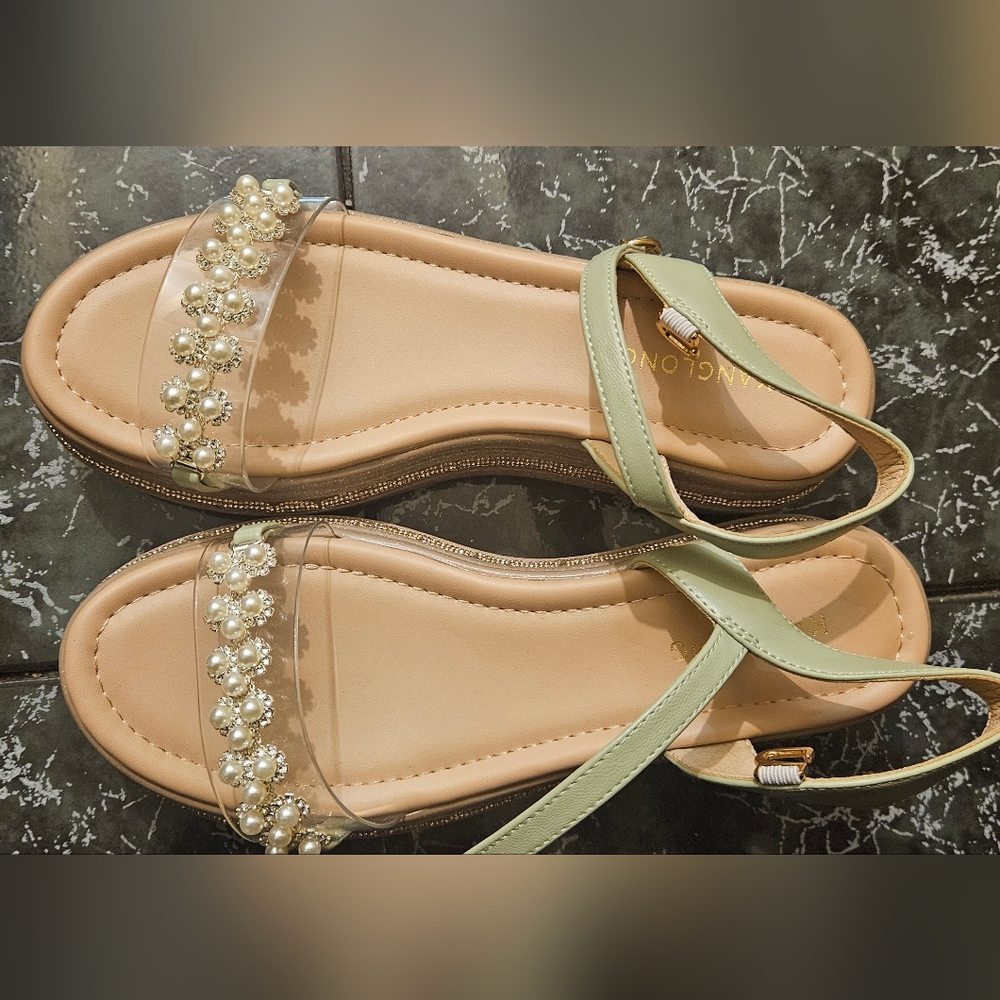 Green and Cream Flat Sandals with Pearl Accents